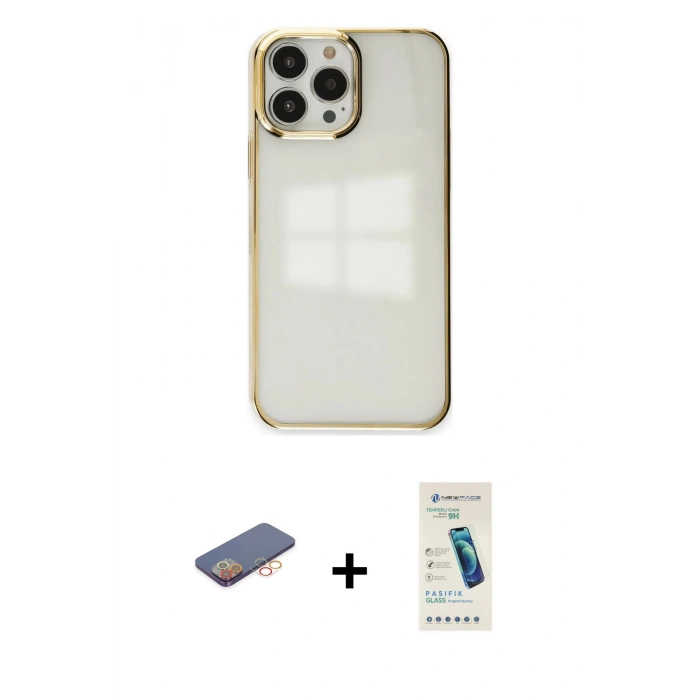 MARSİLYAN™- iPhone 13 Pro Max Kılıf Doruk Doku Prime - Şeffaf Pasifik Cam Ekran Koruyucu + Renkli Kamera Lens Koruma Cam - TU