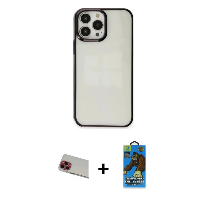 MARSİLYAN™- iPhone 13 Pro Max Kılıf Doruk Doku Prime - Siyah 18D Cam Ekran Koruyucu + Rainbow Kamera Lens Koruma Cam - KI