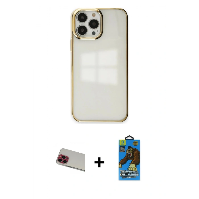 MARSİLYAN™- iPhone 13 Pro Max Kılıf Doruk Doku Prime - Siyah 18D Cam Ekran Koruyucu + Rainbow Kamera Lens Koruma Cam - KI