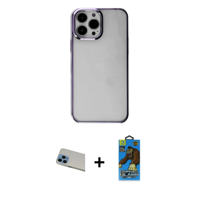 MARSİLYAN™- iPhone 13 Pro Max Kılıf Doruk Doku Prime - Siyah 18D Cam Ekran Koruyucu + Mavi Rainbow Kamera Lens Koruma Cam