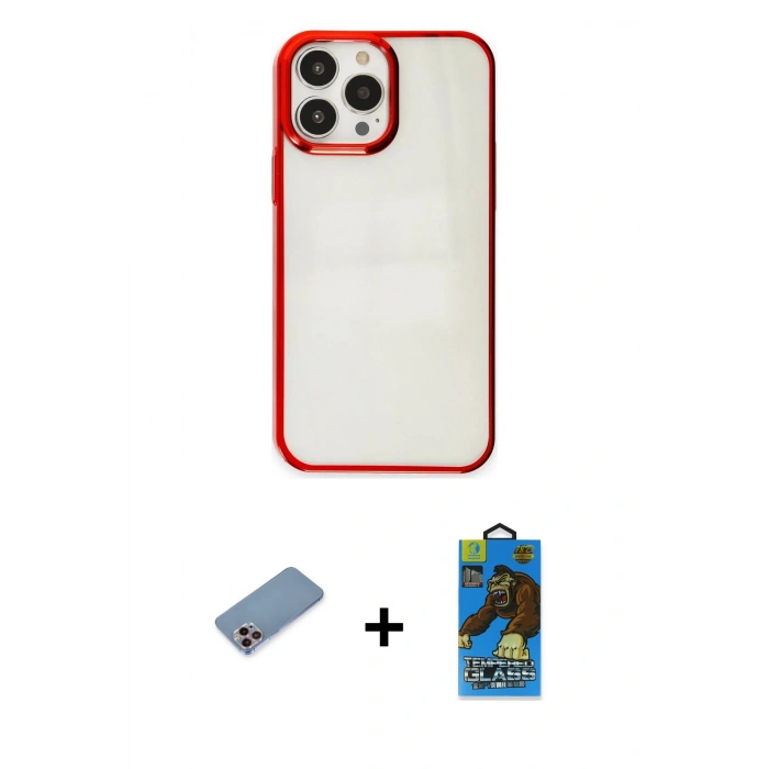 MARSİLYAN™- iPhone 13 Pro Max Kılıf Doruk Doku Prime - Siyah 18D Cam Ekran Koruyucu + Shine Kamera Lens Koruma Cam - PE