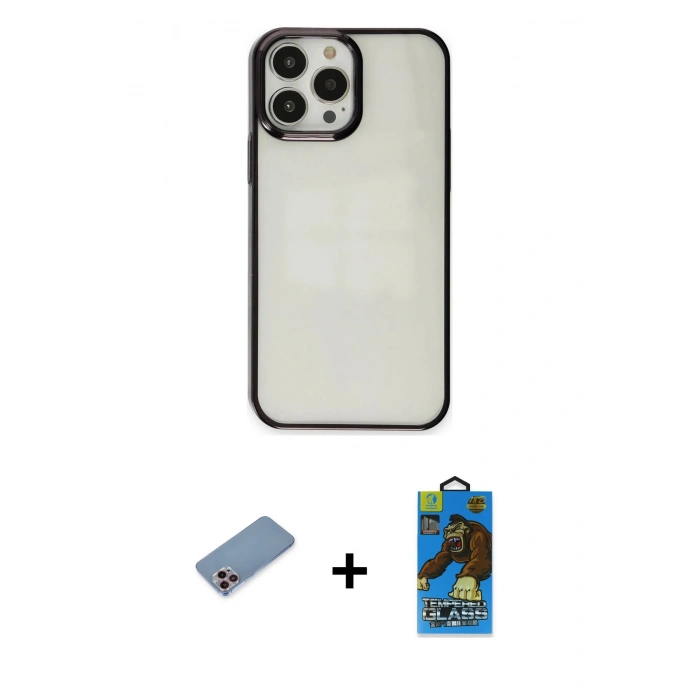 MARSİLYAN™- iPhone 13 Pro Max Kılıf Doruk Doku Prime - Siyah 18D Cam Ekran Koruyucu + Shine Kamera Lens Koruma Cam - PE