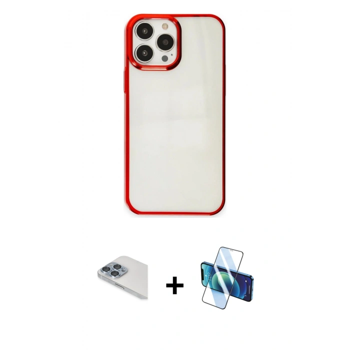 MARSİLYAN™- iPhone 13 Pro Max Kılıf Doruk Doku Prime - Siyah 3D Antistatik Cam Ekran Koruyucu + Pers Alüminyum Kamera Lens - SABE