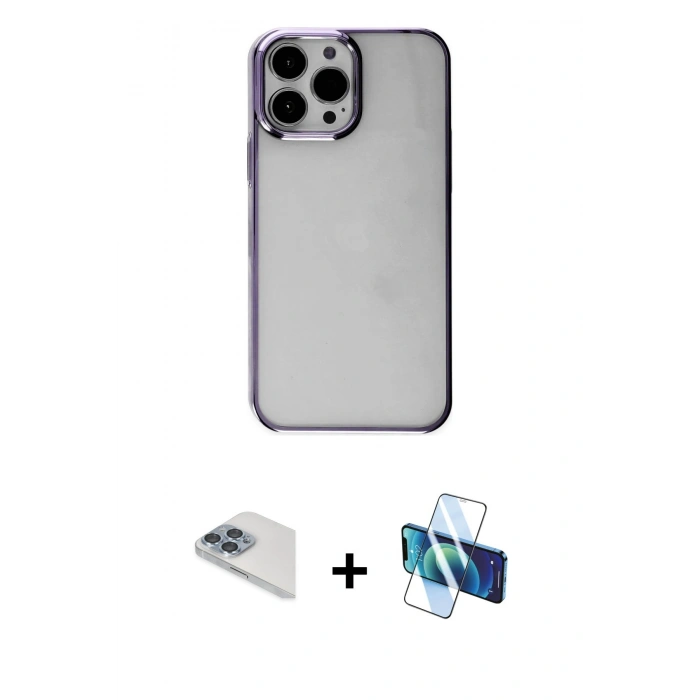 MARSİLYAN™- iPhone 13 Pro Max Kılıf Doruk Doku Prime - Siyah 3D Antistatik Cam Ekran Koruyucu + Pers Alüminyum Kamera Lens - SABE