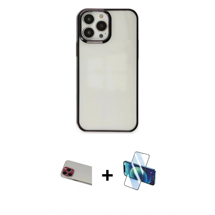 MARSİLYAN™- iPhone 13 Pro Max Kılıf Doruk Doku Prime - Siyah 3D Antistatik Cam Ekran Koruyucu + Rainbow Kamera Lens Koruma Cam - KI