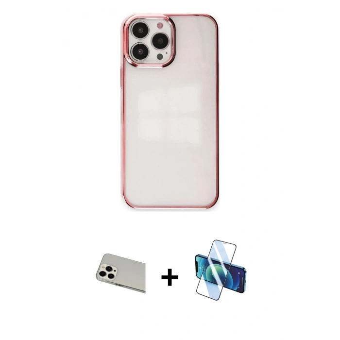 MARSİLYAN™- iPhone 13 Pro Max Kılıf Doruk Doku Prime - Siyah 3D Antistatik Cam Ekran Koruyucu + Rainbow Kamera Lens Koruma Cam - BZ