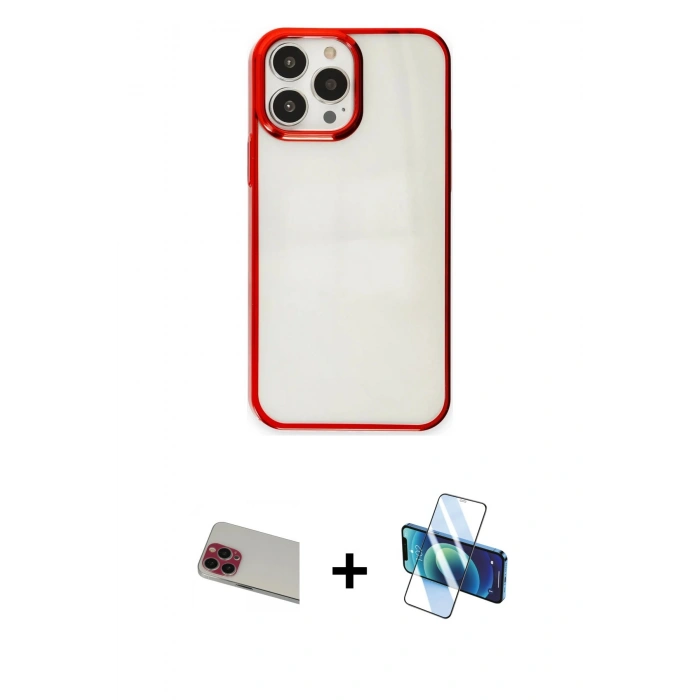 MARSİLYAN™- iPhone 13 Pro Max Kılıf Doruk Doku Prime - Siyah 3D Antistatik Cam Ekran Koruyucu + Rainbow Kamera Lens Koruma Cam - KI