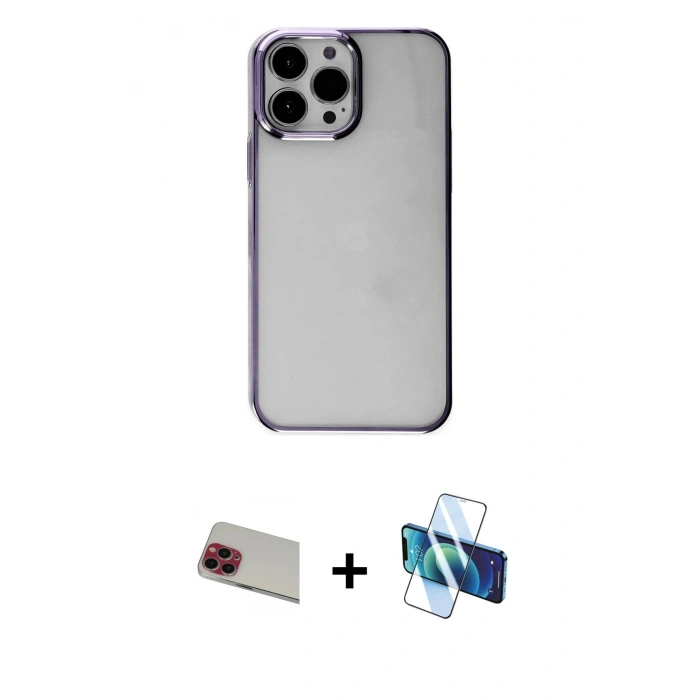 MARSİLYAN™- iPhone 13 Pro Max Kılıf Doruk Doku Prime - Siyah 3D Antistatik Cam Ekran Koruyucu + Rainbow Kamera Lens Koruma Cam - KI