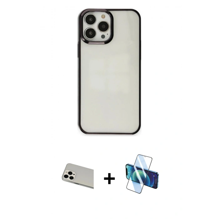 MARSİLYAN™- iPhone 13 Pro Max Kılıf Doruk Doku Prime - Siyah 3D Antistatik Cam Ekran Koruyucu + Rainbow Kamera Lens Koruma Cam - BZ