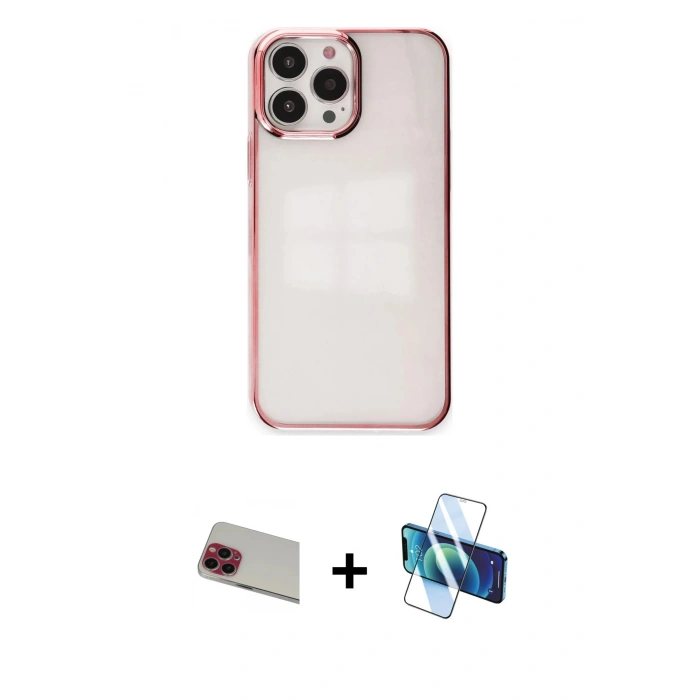 MARSİLYAN™- iPhone 13 Pro Max Kılıf Doruk Doku Prime - Siyah 3D Antistatik Cam Ekran Koruyucu + Rainbow Kamera Lens Koruma Cam - KI