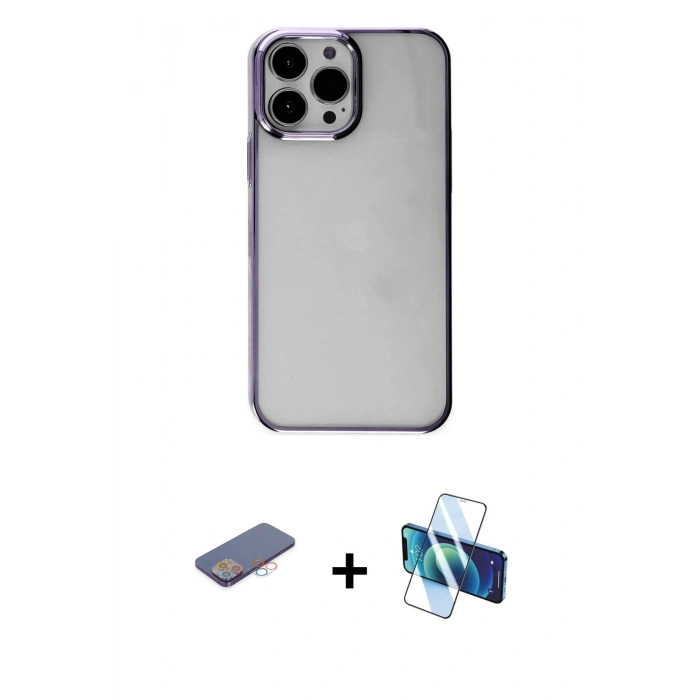 MARSİLYAN™- iPhone 13 Pro Max Kılıf Doruk Doku Prime - Siyah 3D Antistatik Cam Ekran Koruyucu + Renkli Kamera Lens Koruma Cam - PE