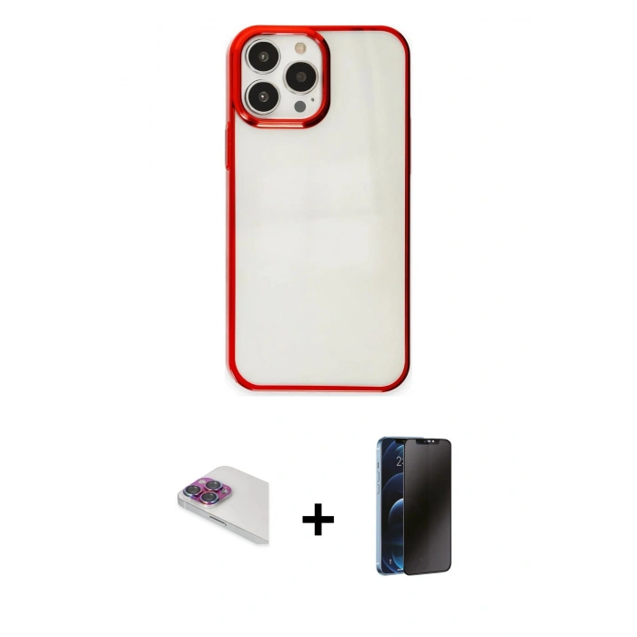 MARSİLYAN™- iPhone 13 Pro Max Kılıf Doruk Doku Prime - Siyah 3D Antistatik Hayalet Cam Ekran Koruyucu + Pers Alüminyum Kamera Lens - GI