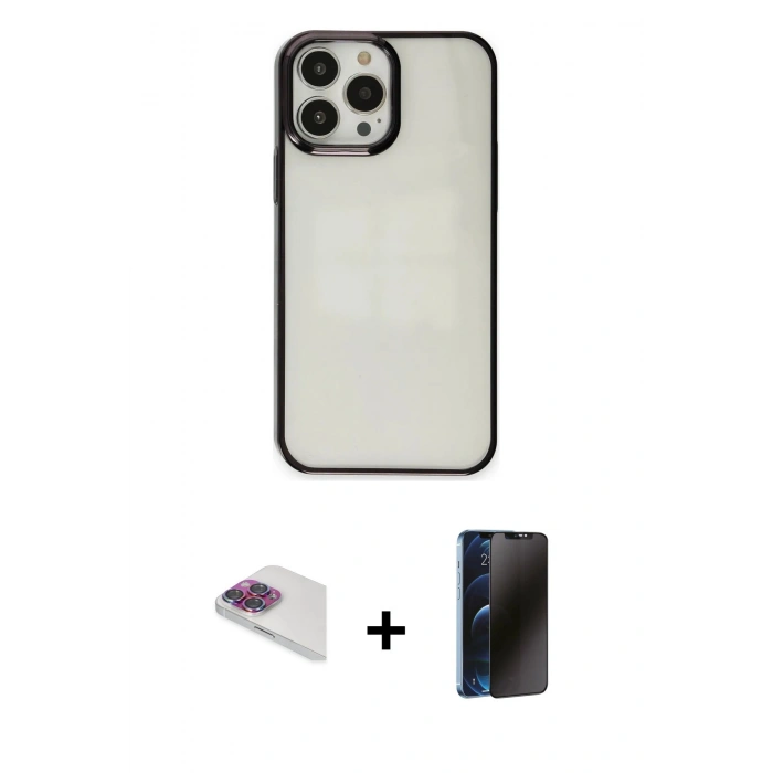 MARSİLYAN™- iPhone 13 Pro Max Kılıf Doruk Doku Prime - Siyah 3D Antistatik Hayalet Cam Ekran Koruyucu + Pers Alüminyum Kamera Lens - GI