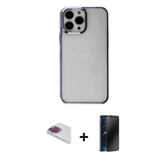 MARSİLYAN™- iPhone 13 Pro Max Kılıf Doruk Doku Prime - Siyah 3D Antistatik Hayalet Cam Ekran Koruyucu + Pers Alüminyum Kamera Lens - GI