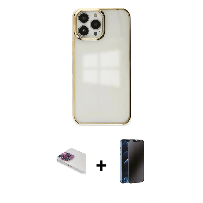 MARSİLYAN™- iPhone 13 Pro Max Kılıf Doruk Doku Prime - Siyah 3D Antistatik Hayalet Cam Ekran Koruyucu + Pers Alüminyum Kamera Lens - GI