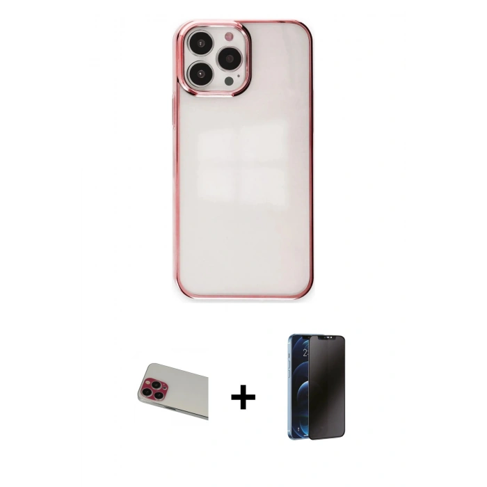MARSİLYAN™- iPhone 13 Pro Max Kılıf Doruk Doku Prime - Siyah 3D Antistatik Hayalet Cam Ekran Koruyucu + Rainbow Kamera Lens Koruma Cam - KI