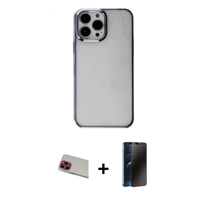 MARSİLYAN™- iPhone 13 Pro Max Kılıf Doruk Doku Prime - Siyah 3D Antistatik Hayalet Cam Ekran Koruyucu + Rainbow Kamera Lens Koruma Cam - KI