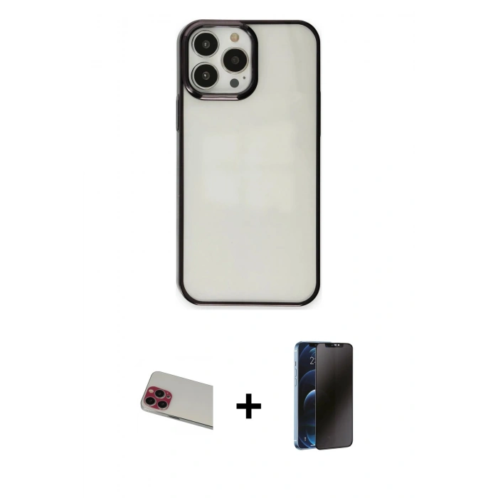 MARSİLYAN™- iPhone 13 Pro Max Kılıf Doruk Doku Prime - Siyah 3D Antistatik Hayalet Cam Ekran Koruyucu + Rainbow Kamera Lens Koruma Cam - KI