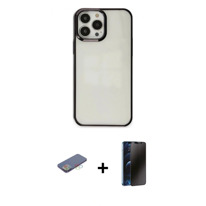MARSİLYAN™- iPhone 13 Pro Max Kılıf Doruk Doku Prime - Siyah 3D Antistatik Hayalet Cam Ekran Koruyucu + Renkli Kamera Lens Koruma Cam - MI