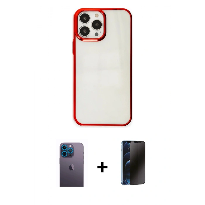 MARSİLYAN™- iPhone 13 Pro Max Kılıf Doruk Doku Prime - Siyah 3D Antistatik Hayalet Cam Ekran Koruyucu + Neon Fosforlu Kamera Lens - MI