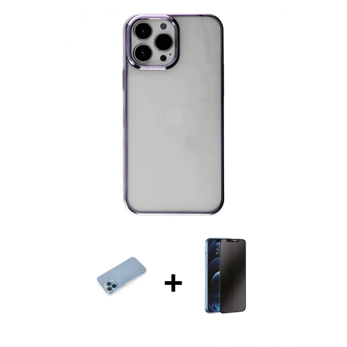MARSİLYAN™- iPhone 13 Pro Max Kılıf Doruk Doku Prime - Siyah 3D Antistatik Hayalet Cam Ekran Koruyucu + Shine Kamera Lens Koruma Cam - MI