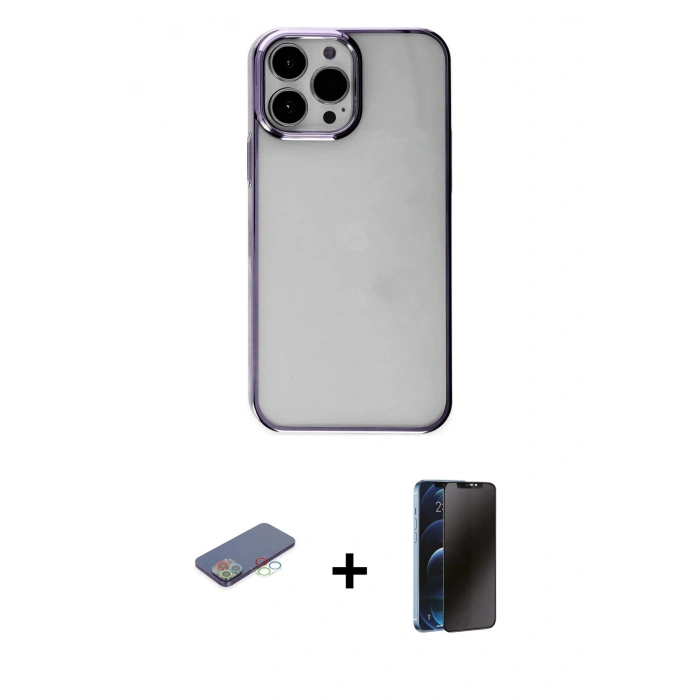 MARSİLYAN™- iPhone 13 Pro Max Kılıf Doruk Doku Prime - Siyah 3D Antistatik Hayalet Cam Ekran Koruyucu + Renkli Kamera Lens Koruma Cam - MI