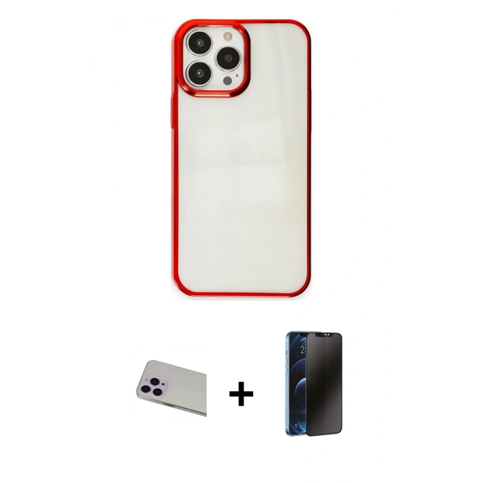 MARSİLYAN™- iPhone 13 Pro Max Kılıf Doruk Doku Prime - Siyah 3D Antistatik Hayalet Cam Ekran Koruyucu + Rainbow Kamera Lens Koruma Cam - MR