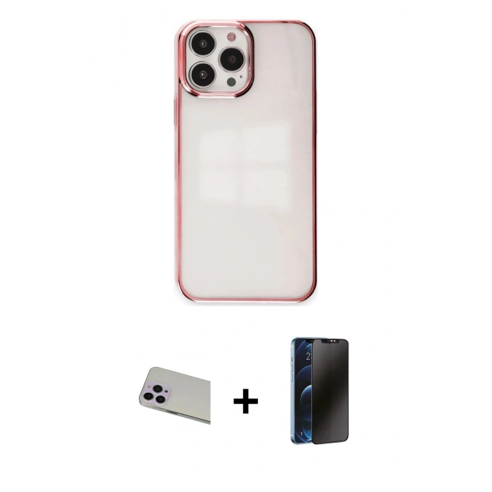 MARSİLYAN™- iPhone 13 Pro Max Kılıf Doruk Doku Prime - Siyah 3D Antistatik Hayalet Cam Ekran Koruyucu + Rainbow Kamera Lens Koruma Cam - MR