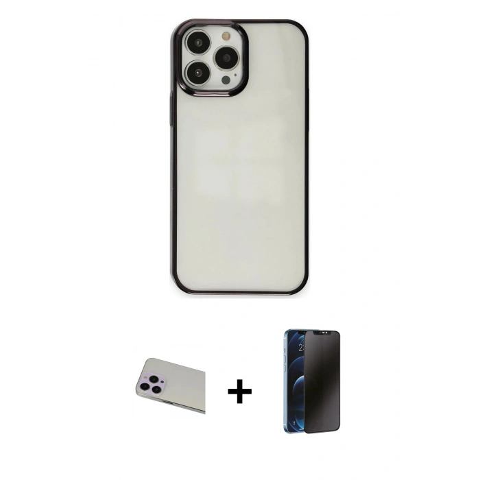 MARSİLYAN™- iPhone 13 Pro Max Kılıf Doruk Doku Prime - Siyah 3D Antistatik Hayalet Cam Ekran Koruyucu + Rainbow Kamera Lens Koruma Cam - MR
