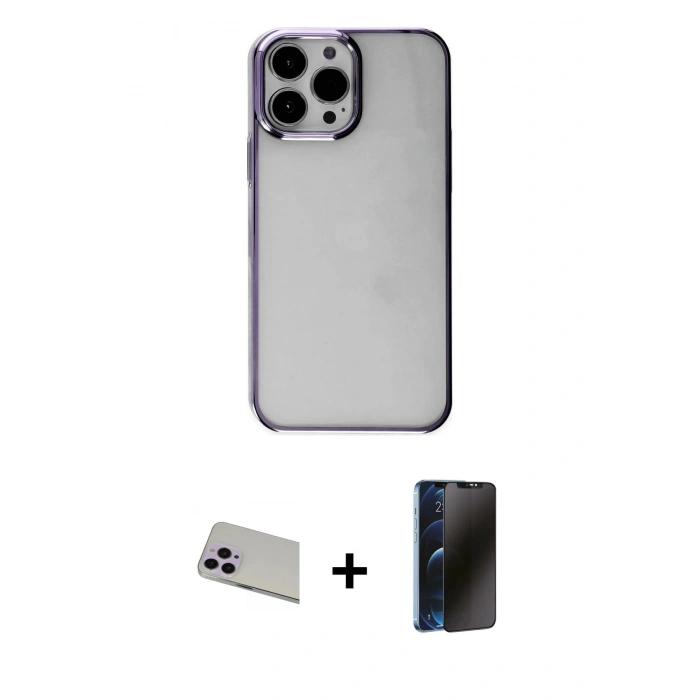 MARSİLYAN™- iPhone 13 Pro Max Kılıf Doruk Doku Prime - Siyah 3D Antistatik Hayalet Cam Ekran Koruyucu + Rainbow Kamera Lens Koruma Cam - MR