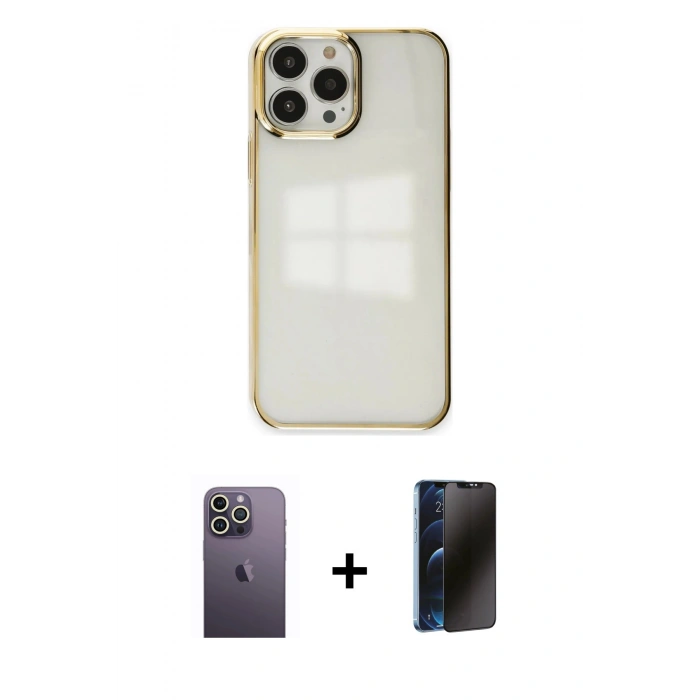 MARSİLYAN™- iPhone 13 Pro Max Kılıf Doruk Doku Prime - Siyah 3D Antistatik Hayalet Cam Ekran Koruyucu + Neon Fosforlu Kamera Lens - BZ