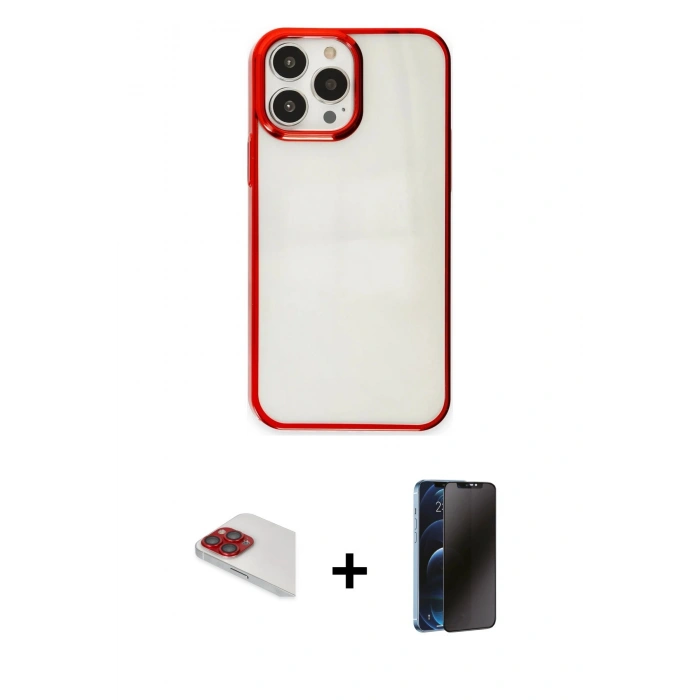 MARSİLYAN™- iPhone 13 Pro Max Kılıf Doruk Doku Prime - Siyah 3D Antistatik Hayalet Cam Ekran Koruyucu + Pers Alüminyum Kamera Lens - KI