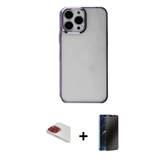 MARSİLYAN™- iPhone 13 Pro Max Kılıf Doruk Doku Prime - Siyah 3D Antistatik Hayalet Cam Ekran Koruyucu + Pers Alüminyum Kamera Lens - KI
