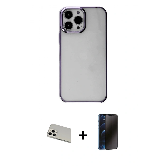 MARSİLYAN™- iPhone 13 Pro Max Kılıf Doruk Doku Prime - Siyah 3D Antistatik Hayalet Cam Ekran Koruyucu + Rainbow Kamera Lens Koruma Cam - BZ
