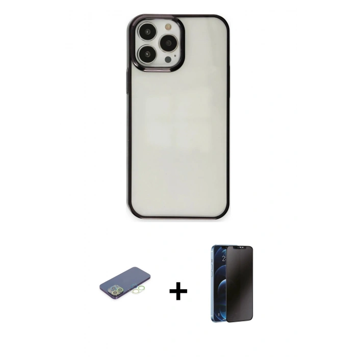 MARSİLYAN™- iPhone 13 Pro Max Kılıf Doruk Doku Prime - Siyah 3D Antistatik Hayalet Cam Ekran Koruyucu + Renkli Kamera Lens Koruma Cam - YL