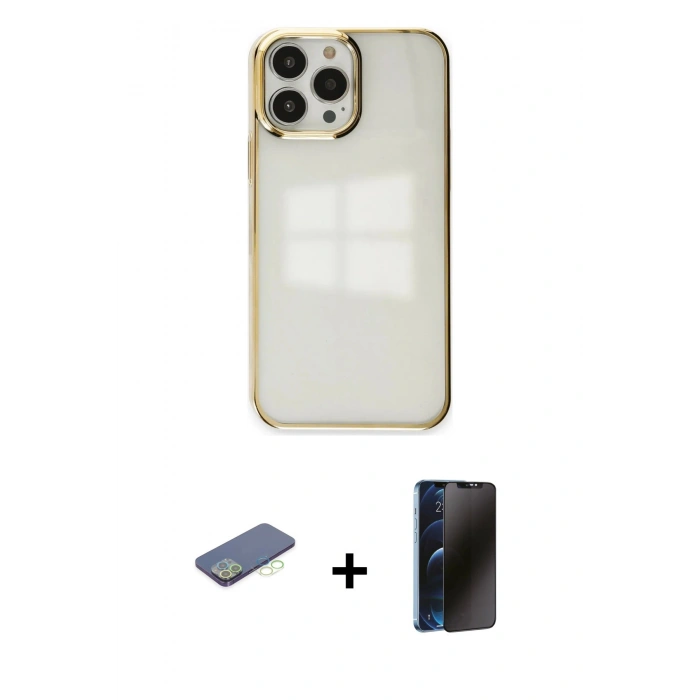 MARSİLYAN™- iPhone 13 Pro Max Kılıf Doruk Doku Prime - Siyah 3D Antistatik Hayalet Cam Ekran Koruyucu + Renkli Kamera Lens Koruma Cam - YL
