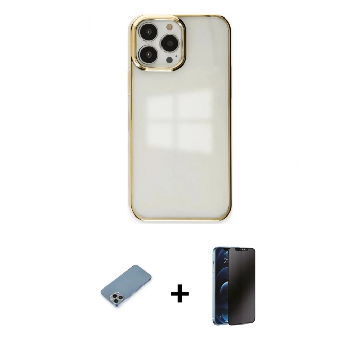 MARSİLYAN™- iPhone 13 Pro Max Kılıf Doruk Doku Prime - Siyah 3D Antistatik Hayalet Cam Ekran Koruyucu + Shine Kamera Lens Koruma Cam - GI