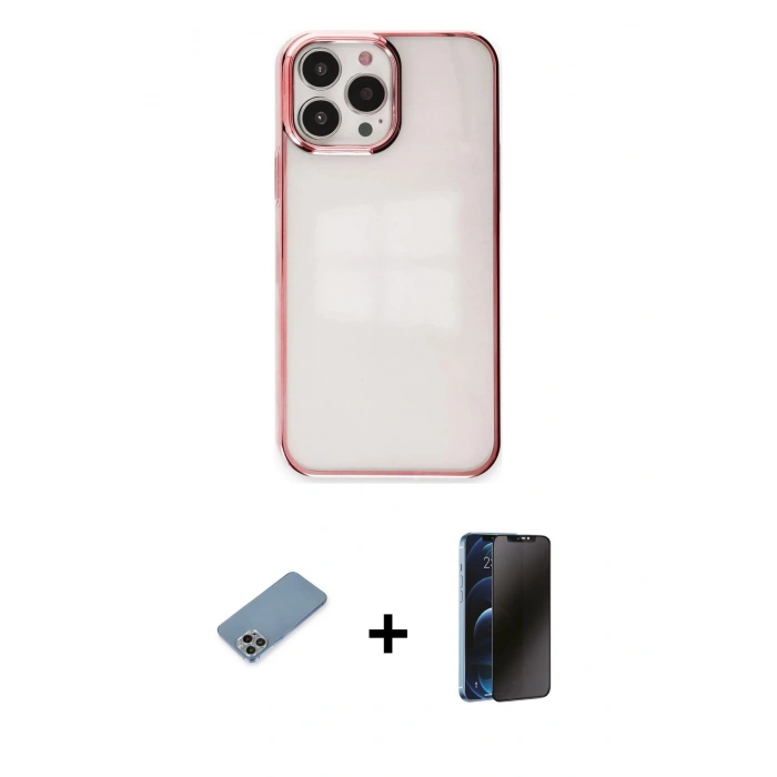 MARSİLYAN™- iPhone 13 Pro Max Kılıf Doruk Doku Prime - Siyah 3D Antistatik Hayalet Cam Ekran Koruyucu + Shine Kamera Lens Koruma Cam - GI