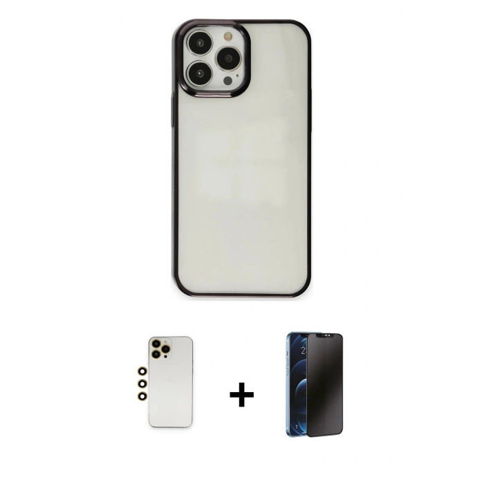 MARSİLYAN™- iPhone 13 Pro Max Kılıf Doruk Doku Prime - Siyah 3D Antistatik Hayalet Cam Ekran Koruyucu + Shine Kamera Lens - GD