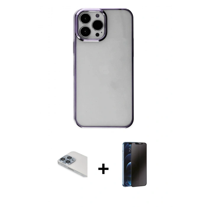 MARSİLYAN™- iPhone 13 Pro Max Kılıf Doruk Doku Prime - Siyah 3D Antistatik Hayalet Cam Ekran Koruyucu + Pers Alüminyum Kamera Lens - SABE