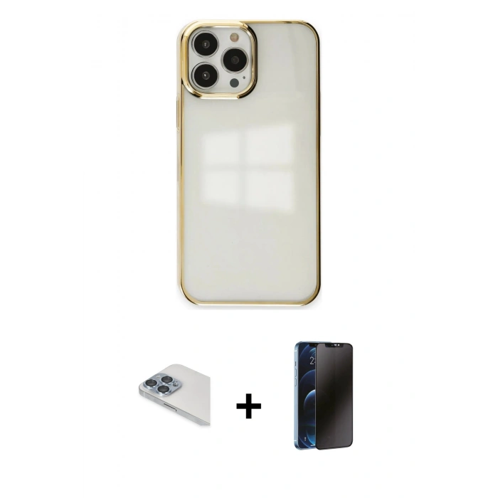 MARSİLYAN™- iPhone 13 Pro Max Kılıf Doruk Doku Prime - Siyah 3D Antistatik Hayalet Cam Ekran Koruyucu + Pers Alüminyum Kamera Lens - SABE
