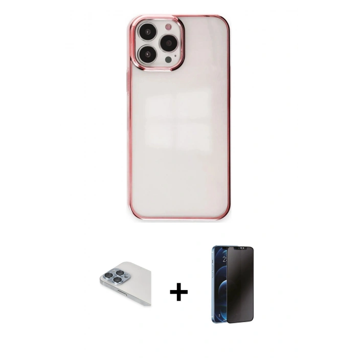 MARSİLYAN™- iPhone 13 Pro Max Kılıf Doruk Doku Prime - Siyah 3D Antistatik Hayalet Cam Ekran Koruyucu + Pers Alüminyum Kamera Lens - SABE