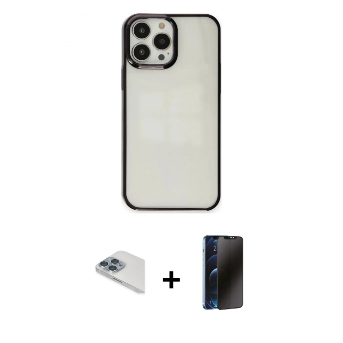 MARSİLYAN™- iPhone 13 Pro Max Kılıf Doruk Doku Prime - Siyah 3D Antistatik Hayalet Cam Ekran Koruyucu + Pers Alüminyum Kamera Lens - SABE