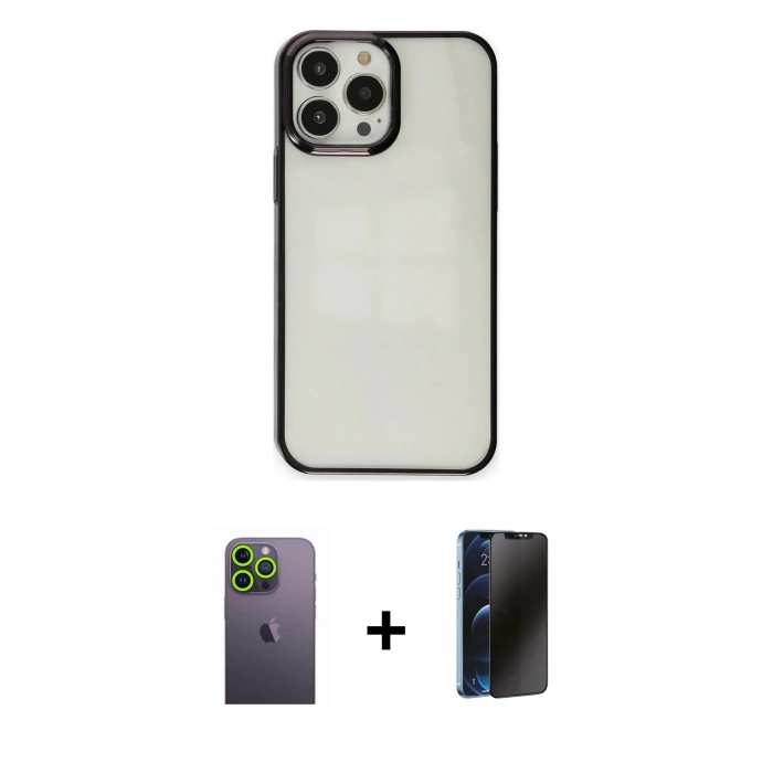 MARSİLYAN™- iPhone 13 Pro Max Kılıf Doruk Doku Prime - Siyah 3D Antistatik Hayalet Cam Ekran Koruyucu + Neon Fosforlu Kamera Lens - YL