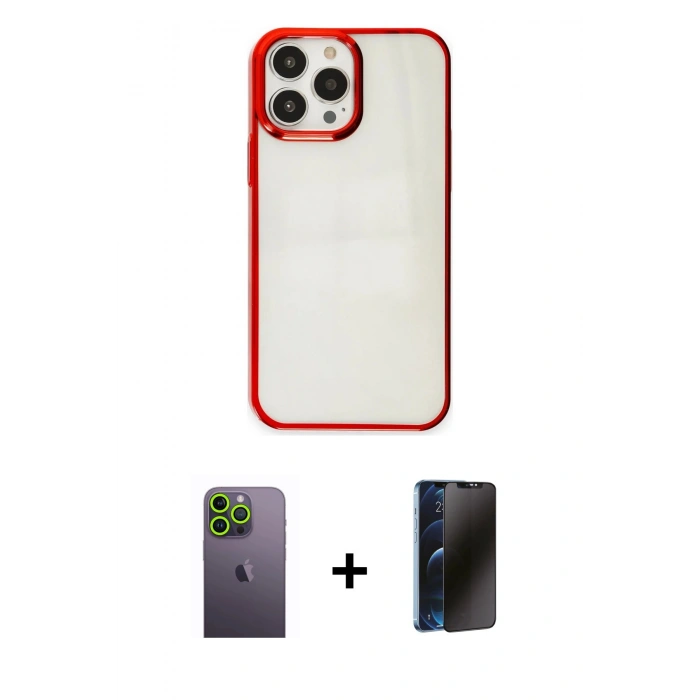 MARSİLYAN™- iPhone 13 Pro Max Kılıf Doruk Doku Prime - Siyah 3D Antistatik Hayalet Cam Ekran Koruyucu + Neon Fosforlu Kamera Lens - YL