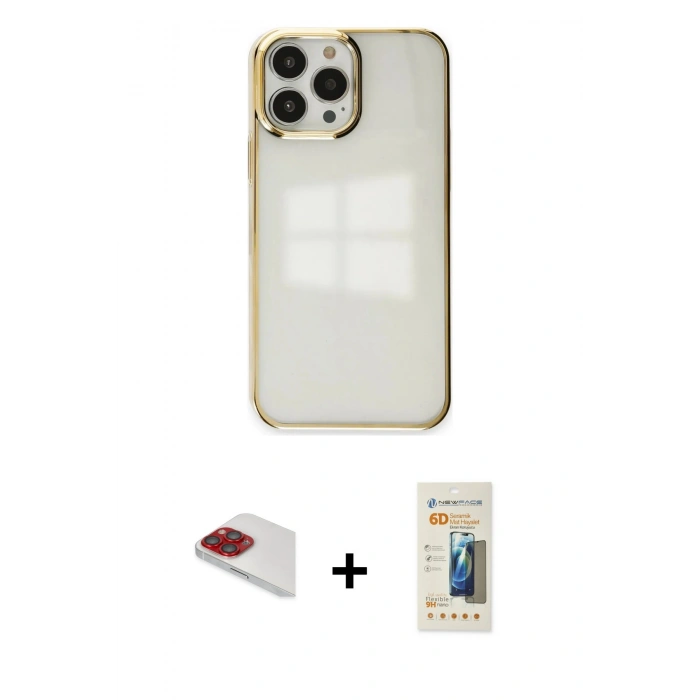 MARSİLYAN™- iPhone 13 Pro Max Kılıf Doruk Doku Prime - Siyah 6D Mat Seramik Hayalet Nano Ekran Koruyucu + Pers Alüminyum Kamera Lens - KI