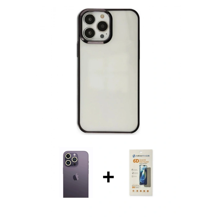 MARSİLYAN™- iPhone 13 Pro Max Kılıf Doruk Doku Prime - Siyah 6D Mat Seramik Hayalet Nano Ekran Koruyucu + Neon Fosforlu Kamera Lens - BZ