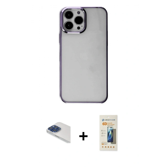 MARSİLYAN™- iPhone 13 Pro Max Kılıf Doruk Doku Prime - Siyah 6D Mat Seramik Hayalet Nano Ekran Koruyucu + Pers Alüminyum Kamera Lens - LT