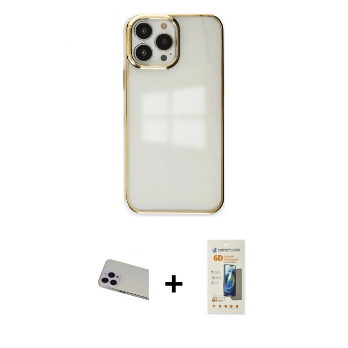 MARSİLYAN™- iPhone 13 Pro Max Kılıf Doruk Doku Prime - Siyah 6D Mat Seramik Hayalet Nano Ekran Koruyucu + Rainbow Kamera Lens Koruma Cam - MR