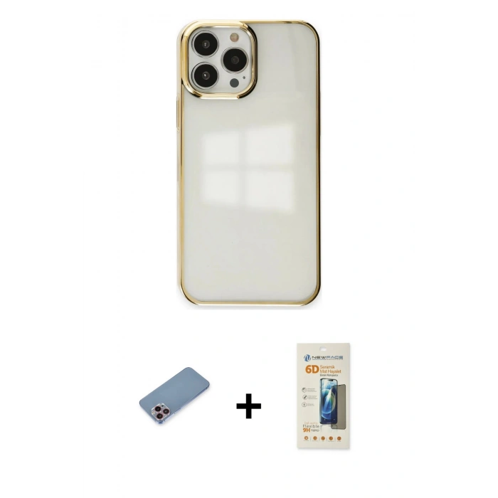 MARSİLYAN™- iPhone 13 Pro Max Kılıf Doruk Doku Prime - Siyah 6D Mat Seramik Hayalet Nano Ekran Koruyucu + Shine Kamera Lens Koruma Cam - PE